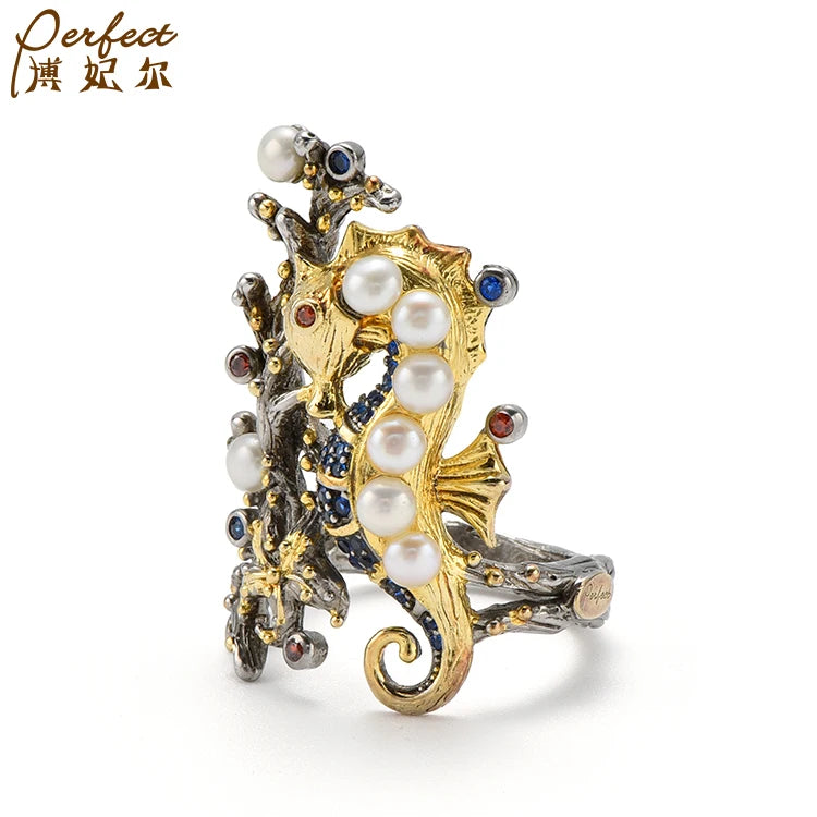 Fashionable Original Design Elegant Sea Horse Design Fashion Button Pearl Silver Wedding Ring