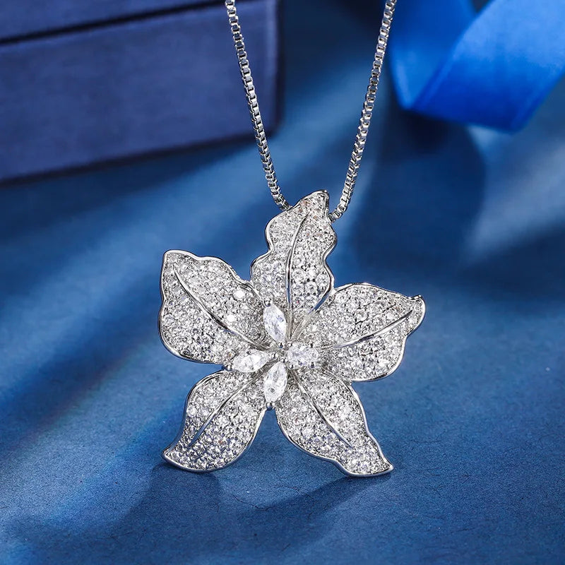 Gemfiori European and American Fashion Flower Ring Pendant Personalized Temperament Lily Elegant Set Sweet Wind Jewelry