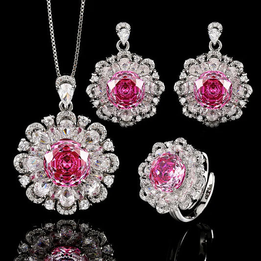 Gemfiori Italian Banquet Rose Versatile Wedding Luxury Shining Zircon Women's Set Necklace Earrings Rings Banquet Jewelry Accessories