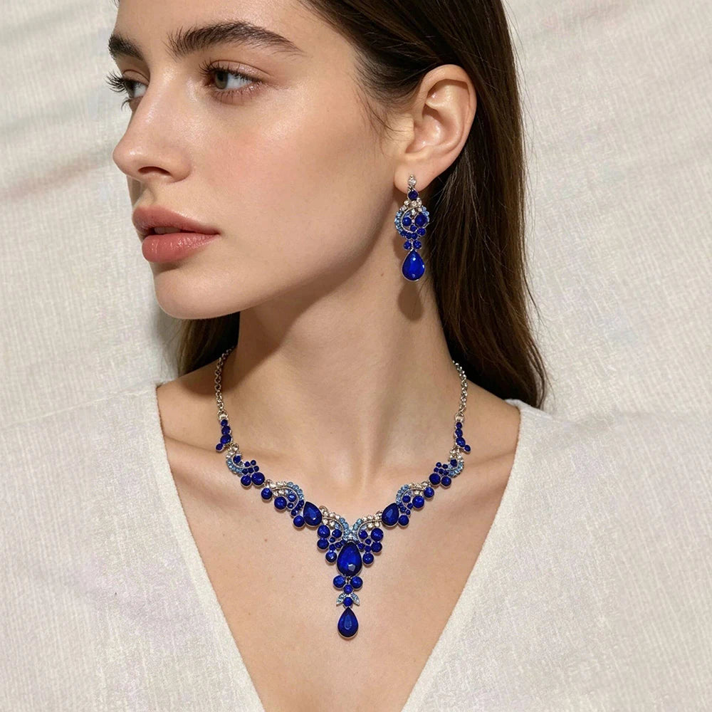 XM S386 Silver Plated Royal Blue Sapphire Marquise Teardrop Pendant Necklace & Drop Earrings Set