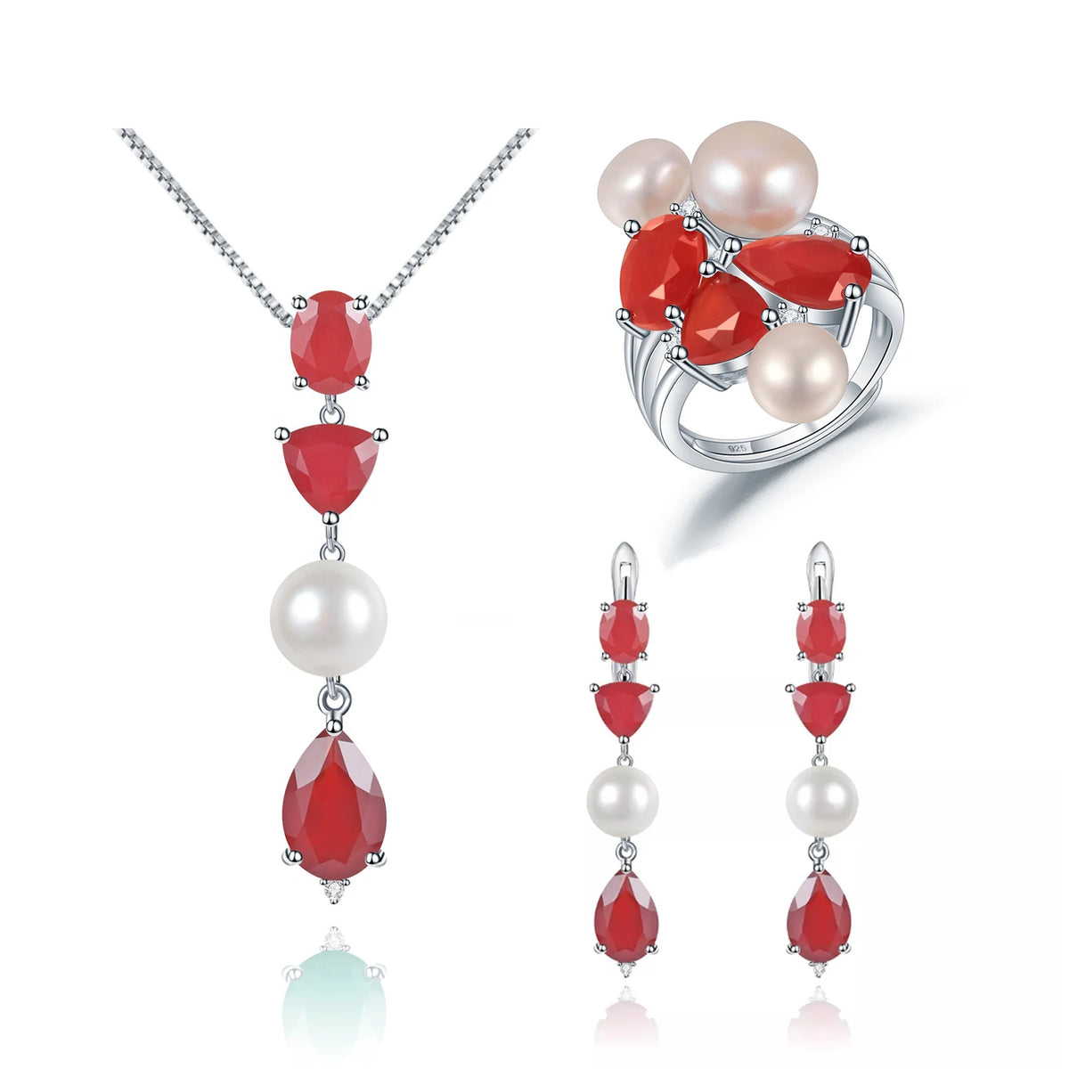 ArtistA Abiding Price Natural Red Agate Freshwater White Pearl Solid 925 Silver Adjustable Ring Pendant Earrings Jewelry Set
