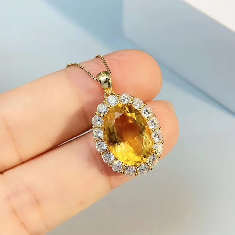 Gioiellieri 925 Sterling Silver Natural Citrine Pendant November Birthstone Yellow Gemstone Oval Cut Solitaire Necklace Chain Engagement