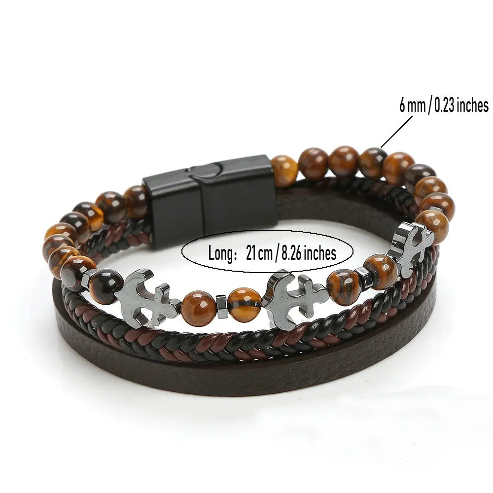 Fashion Jewelry Tiger Eye Beaded Bracelet Stainless Steel Magnet Leather Handmade Natural Gemstone Punk Bracelet for Men Jewelry