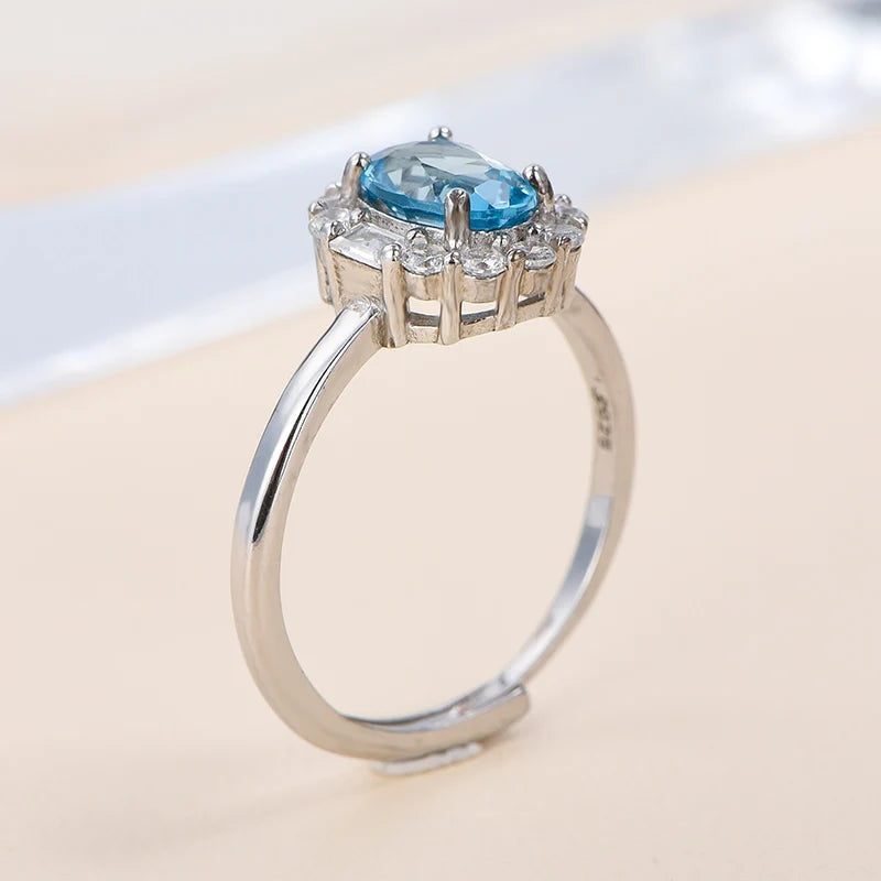 Gioiellieri Adjustable Opening 925 Sterling Silver Luxury Rhodium Plated Oval Cut Natural Topaz Gemstone Rings Prong Setting Certified