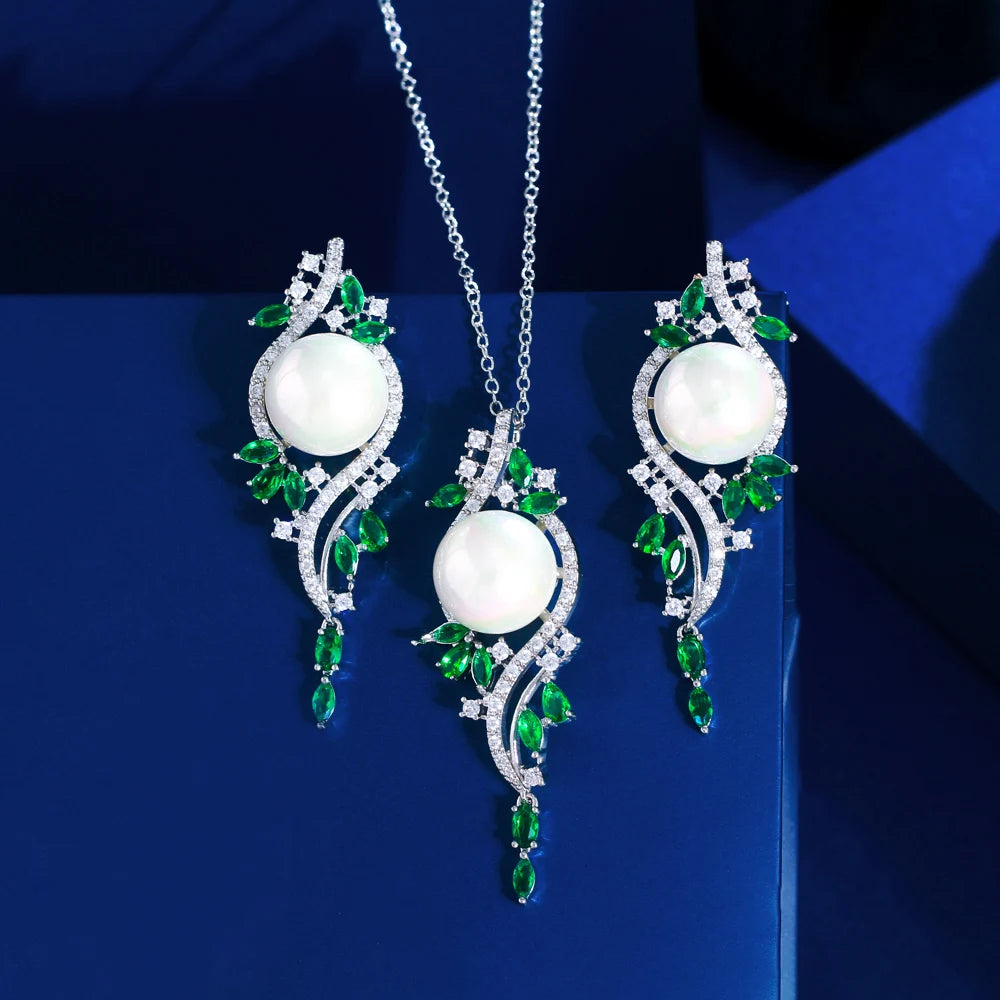 Sparkling Top Cubic Zircon Pave Imitation Pearl Long Pedant Necklace and Earrings Green Blue White Jewelry Set for Women