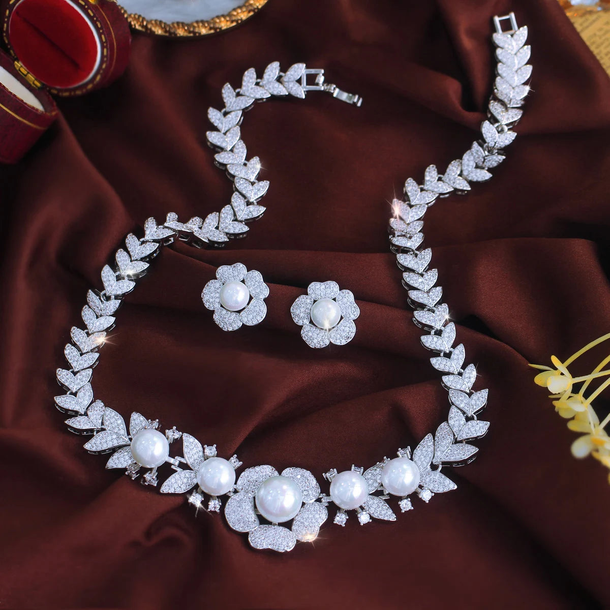 Super Luxury Wedding Bridal Necklace and Earrings Micro Pave Cubic Zircon Big Imitation Pearl Jewelry Set for Women Jewelry Gift