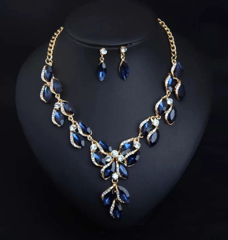 XM S392 Gold Plated Retro Gemstone Crystal Floral Necklace & Earrings Bridal Set