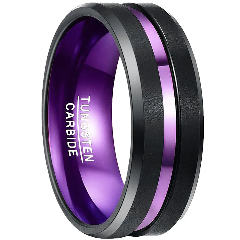 REBEL 1pcs 8mm Chamfer Black Plated Outer Ring Purple Alumina Inner Double-layer Men's Tungsten Ring Jewelry