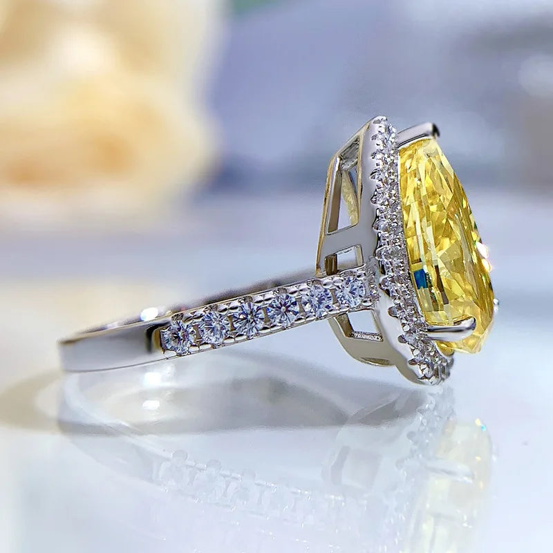 S925 Silver Ring 8 * 12 Yellow Zircon Set with European and American 5-carat Fashion Versatile Ring Boutique Jewelry for Women
