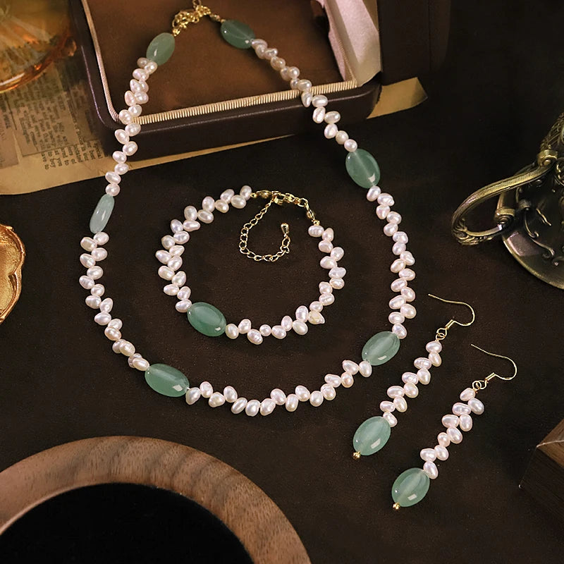GLSEEVO Natural Freshwater Pearl & Green Stone Bead 3-Piece Jewellery Set — Necklace, Bracelet & Earrings