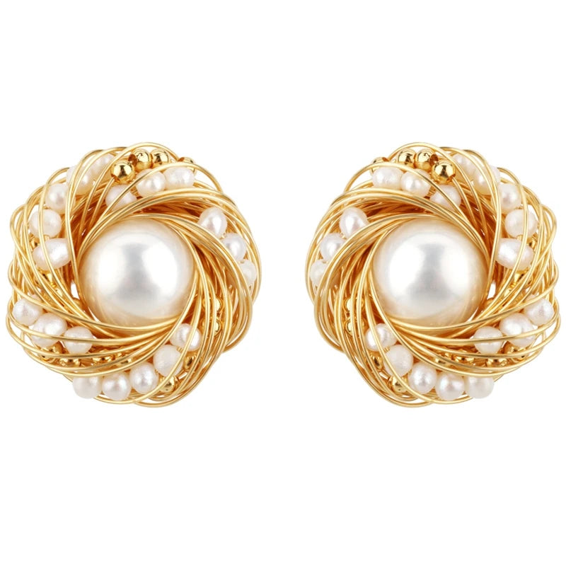 Natural Freshwater Pearls Metal Stud Earrings  Geometric Irregular  for Women Girl Gift Pearl Earrings