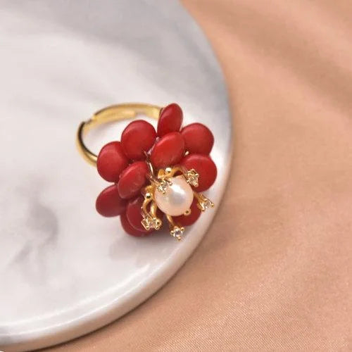 Red Coral Natural Pearls Fashion Accessories Set Fine Woman Ring Earrings Necklace Luxury Customized Jewelry Wedding