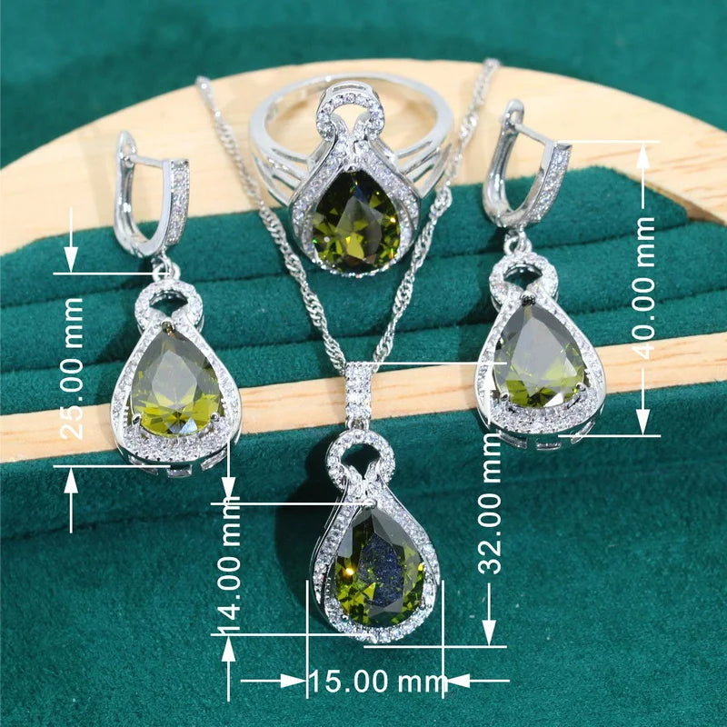 XOTICA 925 Silver Jewelry Set for Women Water Droplet Olive Green Zircon Earrings for Wedding Engagement Birthday Dating Gift Ideas