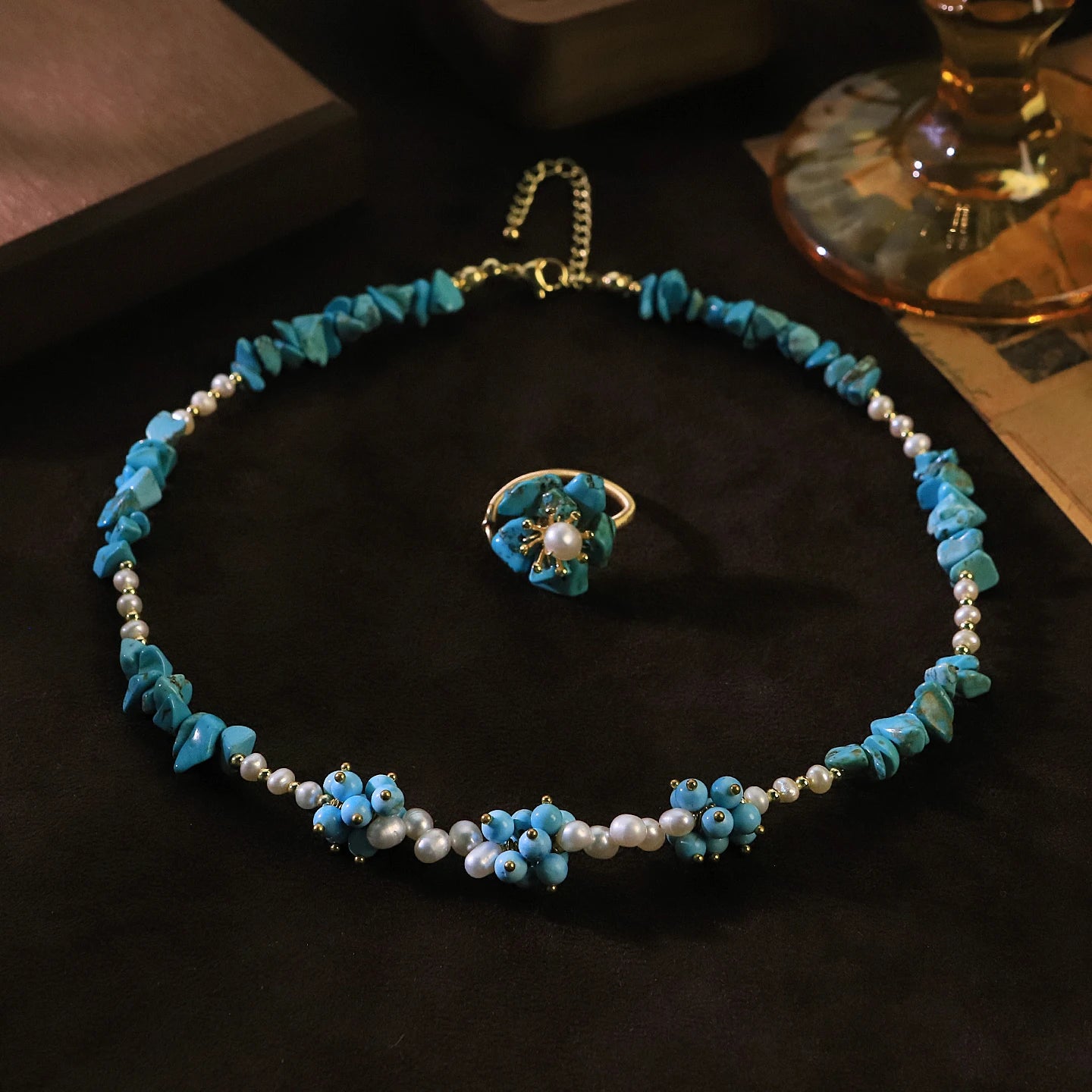 GLSEEVO Natural Pearl & Turquoise Dainty Beaded Necklace & Flower Ring Jewellery Set — Bohemian Style