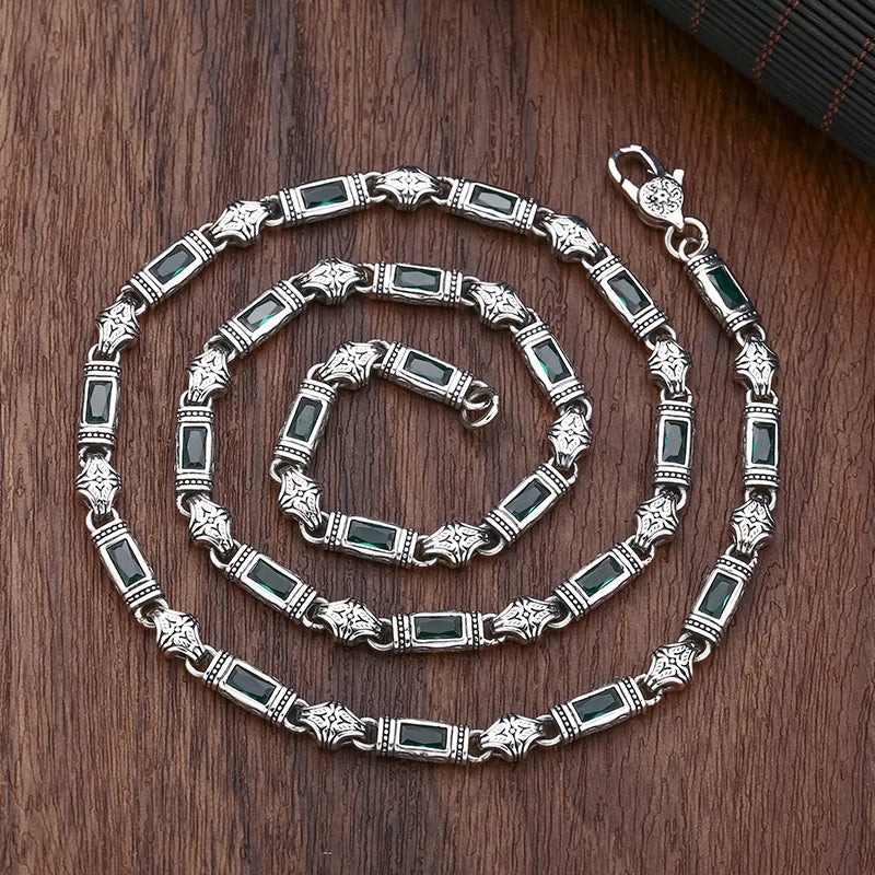 S&S 925 Silver Tang Grass Pattern Necklace | Zircon Set | 5mm Sweater Chain | Blue & Green