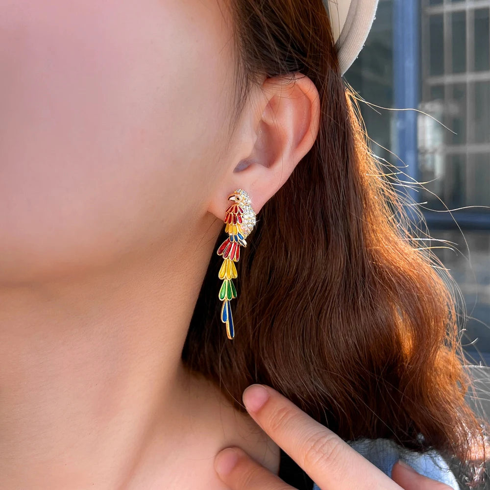 S&S Colourful CZ Feather Bird Dangle Drop Earrings – Gold Plated – Collection