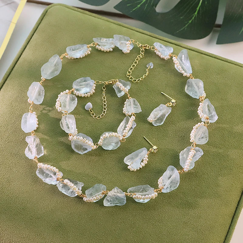 Natural Freshwater Pearl Aquamarine Jewelry Set for Women Dating Daily Party Gift Pearl Jewelry Set Ocean Style Dainty Jewelry