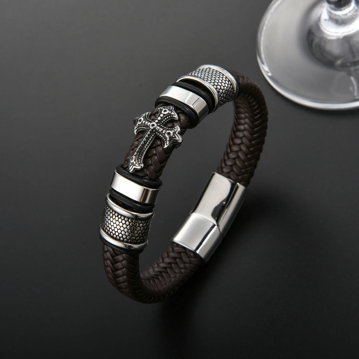 REBEL FASHIONISTA New Titanium Steel Cross Leather Braided Bracelet Magnetic Buckle Men's Leather Bracelet