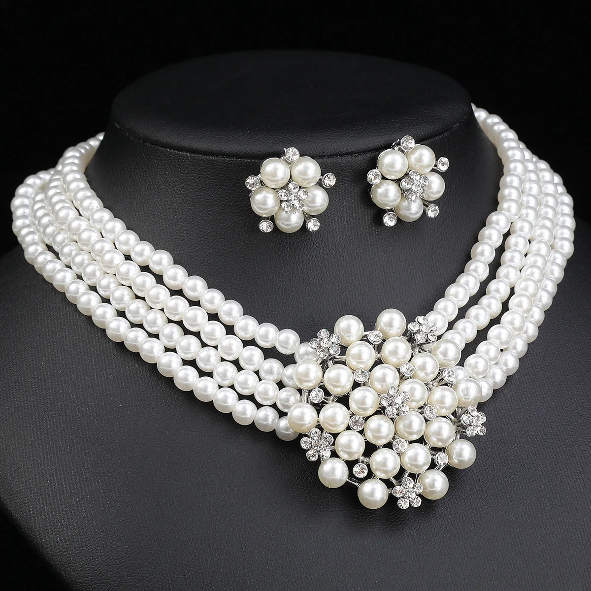 Multi-Row Pearl & Crystal Flower Necklace & Earrings Jewellery Set | Bridal Wedding Fashion Set
