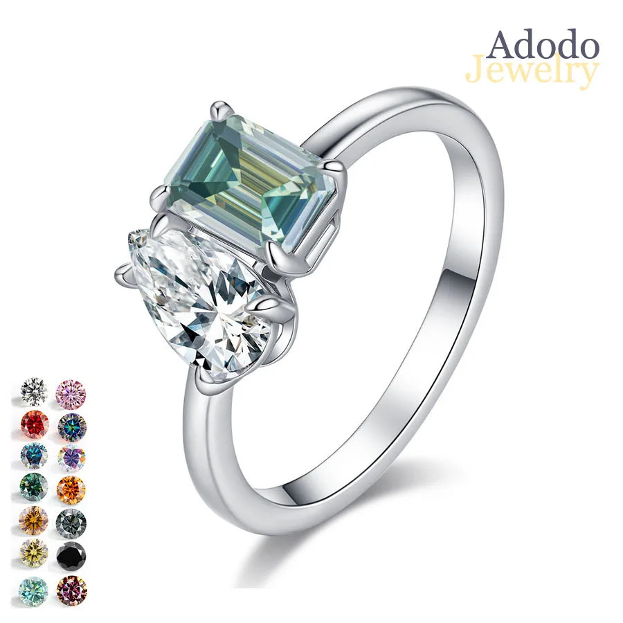 ArtistA Fancy Cut Full Moissanite Jewelry S925 Silver PT950 Platinum Plated Emerald & Pear Cut Two Diamonds VVS GRA Moissanite Rings