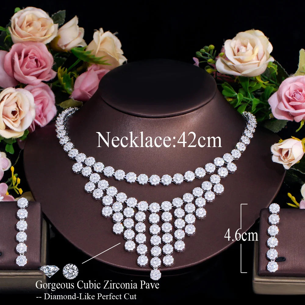 Shiny Round Micro Paved Cubic Zircon CZ Bridal Tennis Necklace and Earring Wedding Luxury Big Jewelry Set for Women Accessories