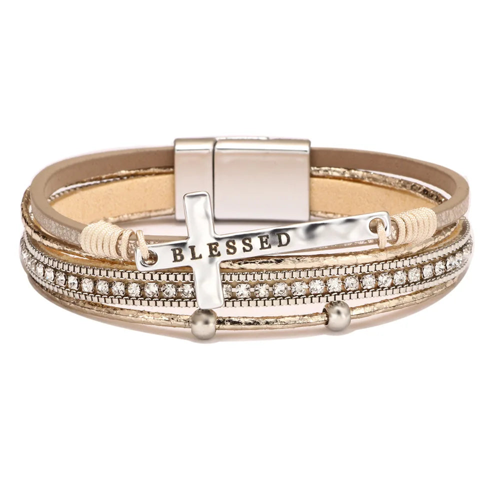 FASHIONISTA Women's Bohemian Cross Charm Bracelet Alloy Micro Diamond Channel Set Magnetic Buckle Customizable Light Luxury Okp