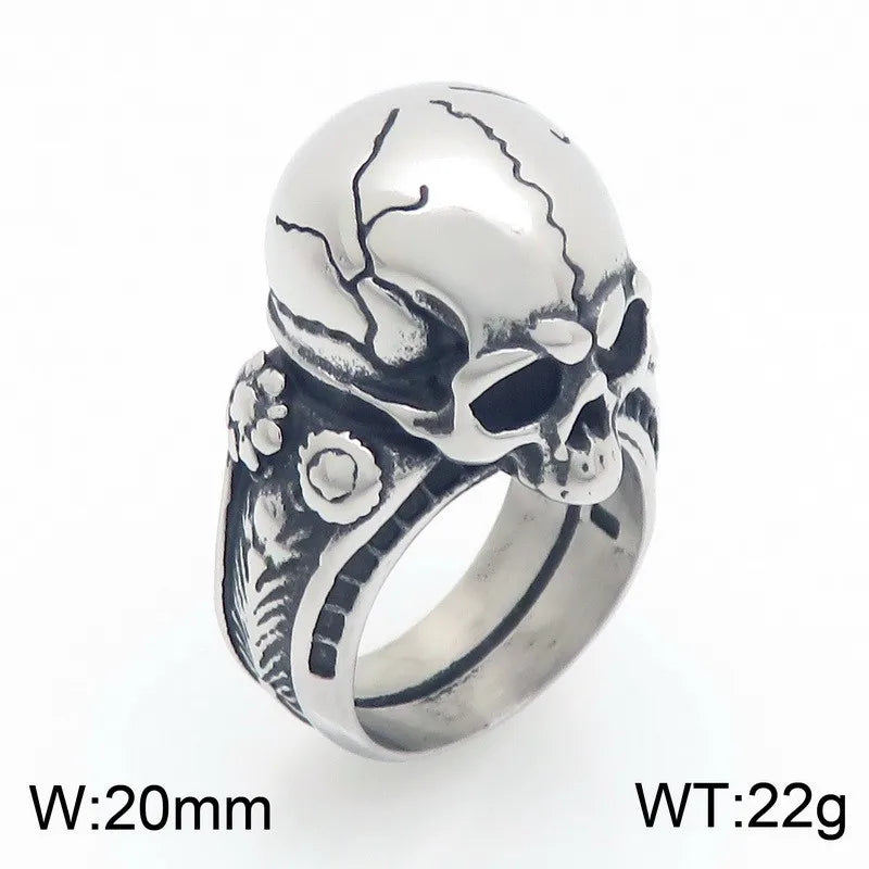 Kalen European American Gothic Skull Ring Punk Retro Dark Cracked Skull Stainless Steel Men Ring Jewelry