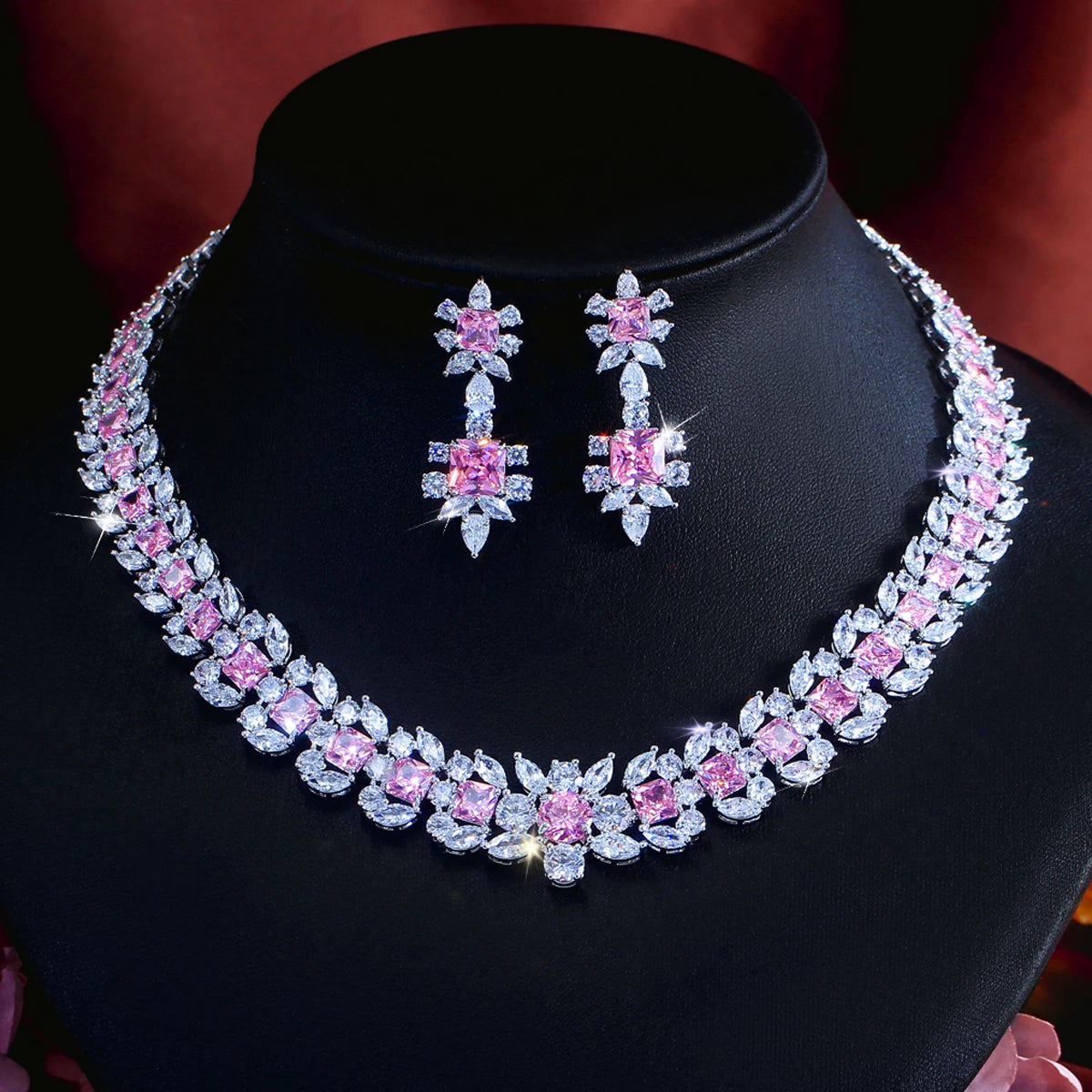 Rhodium Plated Geometric CZ Jewelry Set Pink Square Cubic Zircon Leaf Tennis Necklace Earrings Jewelry Set for Women Party Gift