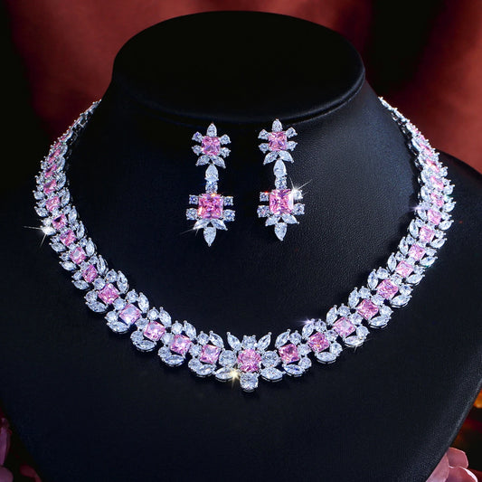 Rhodium Plated Geometric CZ Jewelry Set Pink Square Cubic Zircon Leaf Tennis Necklace Earrings Jewelry Set for Women Party Gift
