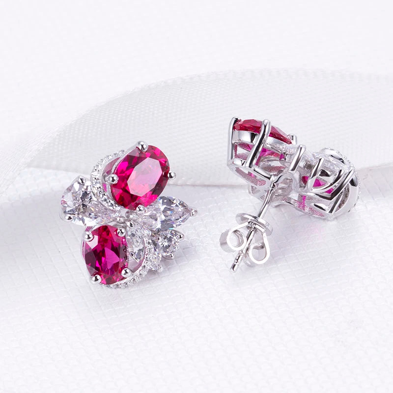Messi Jewelry MSE-605 Fancy Shape Sparkling Red/white Corundum Flower Design S925 Earrings Engagement Dating Gift for Girls