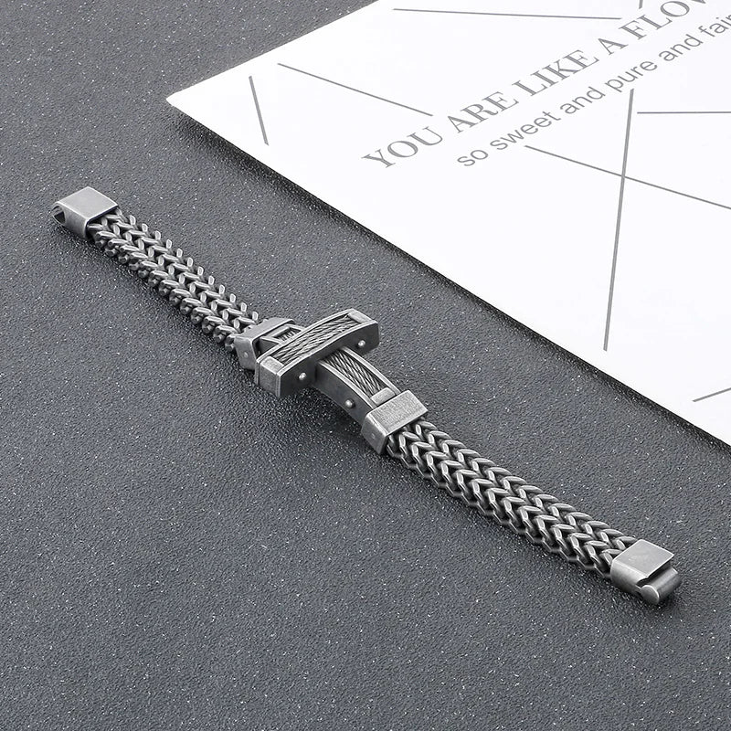 KALEN Men Vintage 220mm Oxidized Black Stainless Steel Christian Cross Herringbone Chain Bracelet