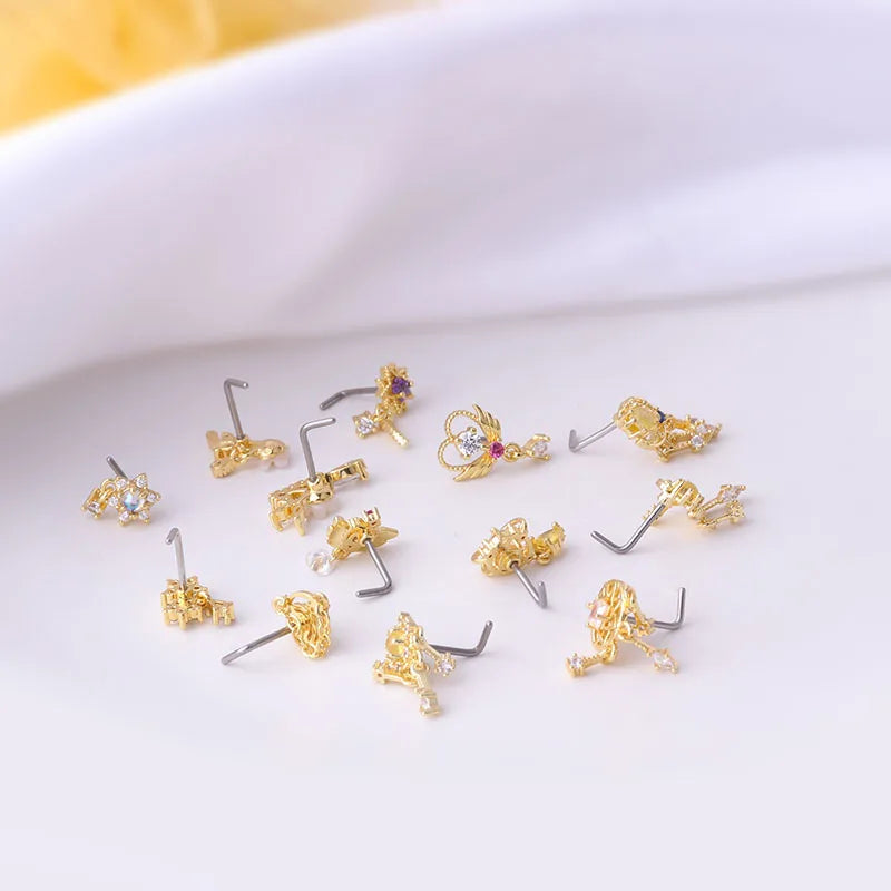 S&S 20G CZ Flower & Heart Nose Ring | Stainless Steel Piercing Jewellery