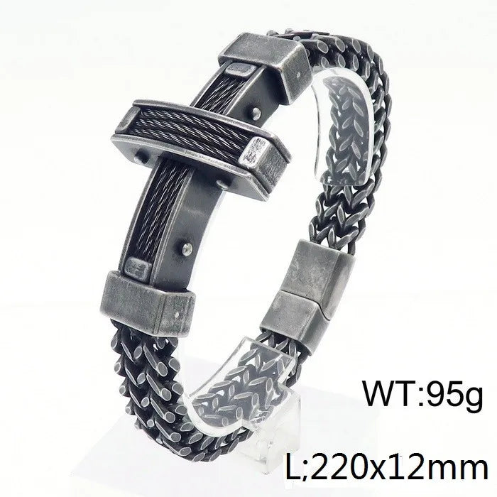 KALEN Men Vintage 220mm Oxidized Black Stainless Steel Christian Cross Herringbone Chain Bracelet