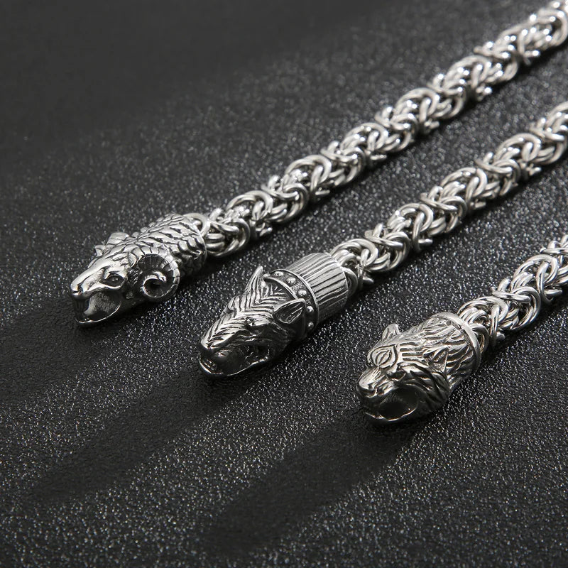 REBEL VIKING Animal Head Byzantine Chain Necklace – 316L Stainless Steel Men's Goat Tiger Wolf Pendant