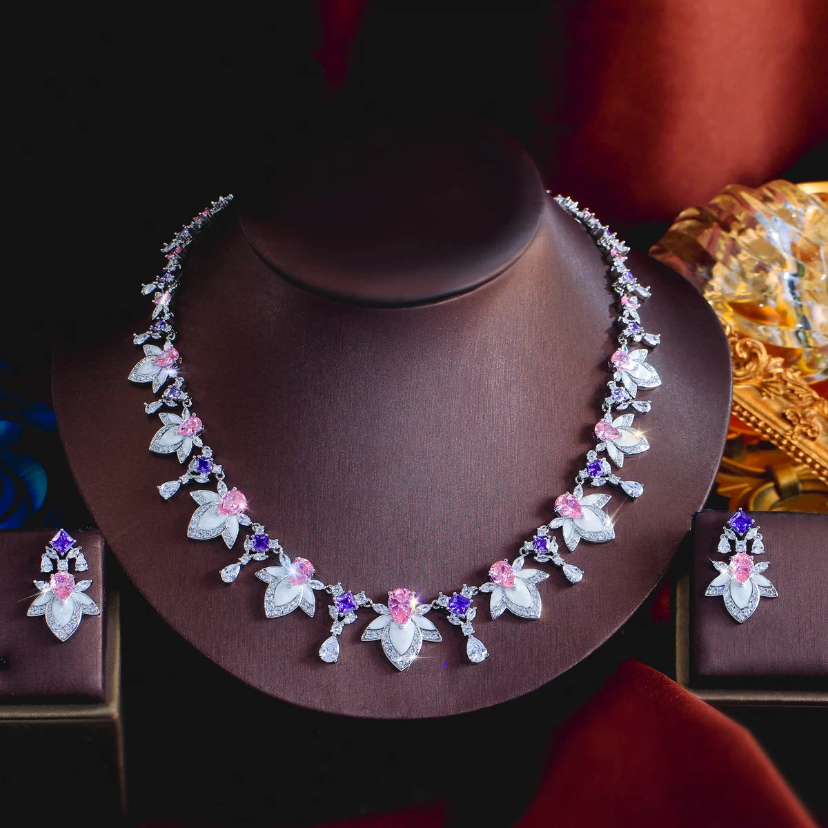 Rhodium Plated Purple Pink Drop Necklace Earrings CZ Long Leaf Enamel Necklace Earrings for Women Fiancee Engagement Jewelry Set