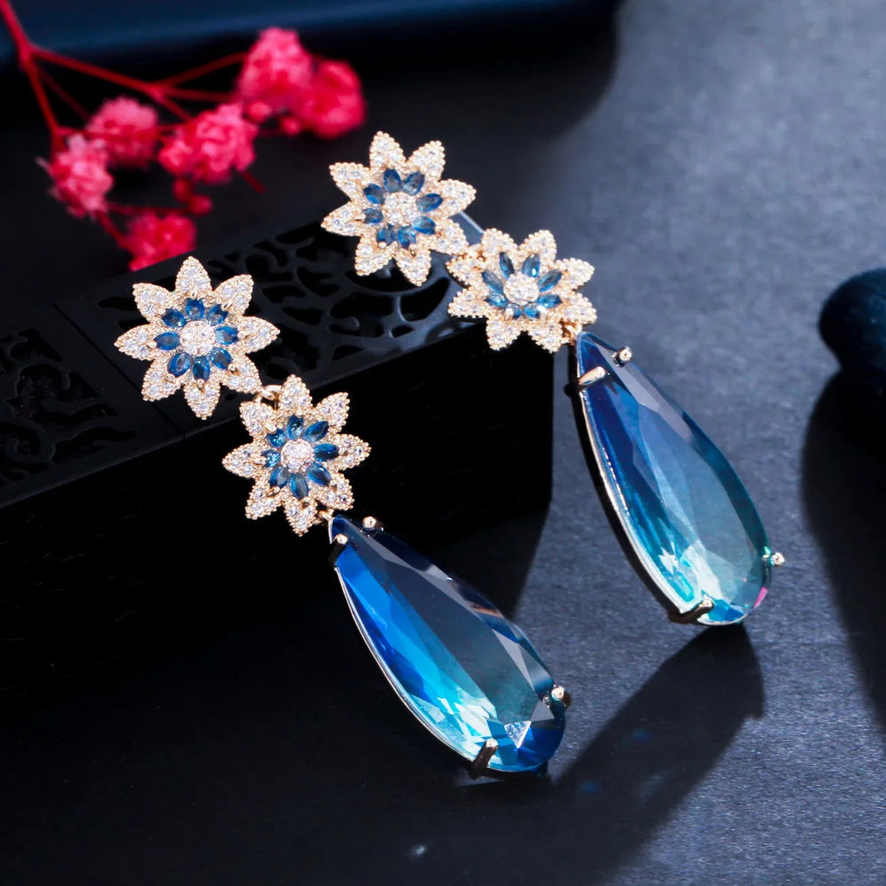 Beautiful Dangly Flower Blue Cubic Zirconia Crystal Long Big Water Drop Earrings for Women Wedding Bridal Gift Jewelry