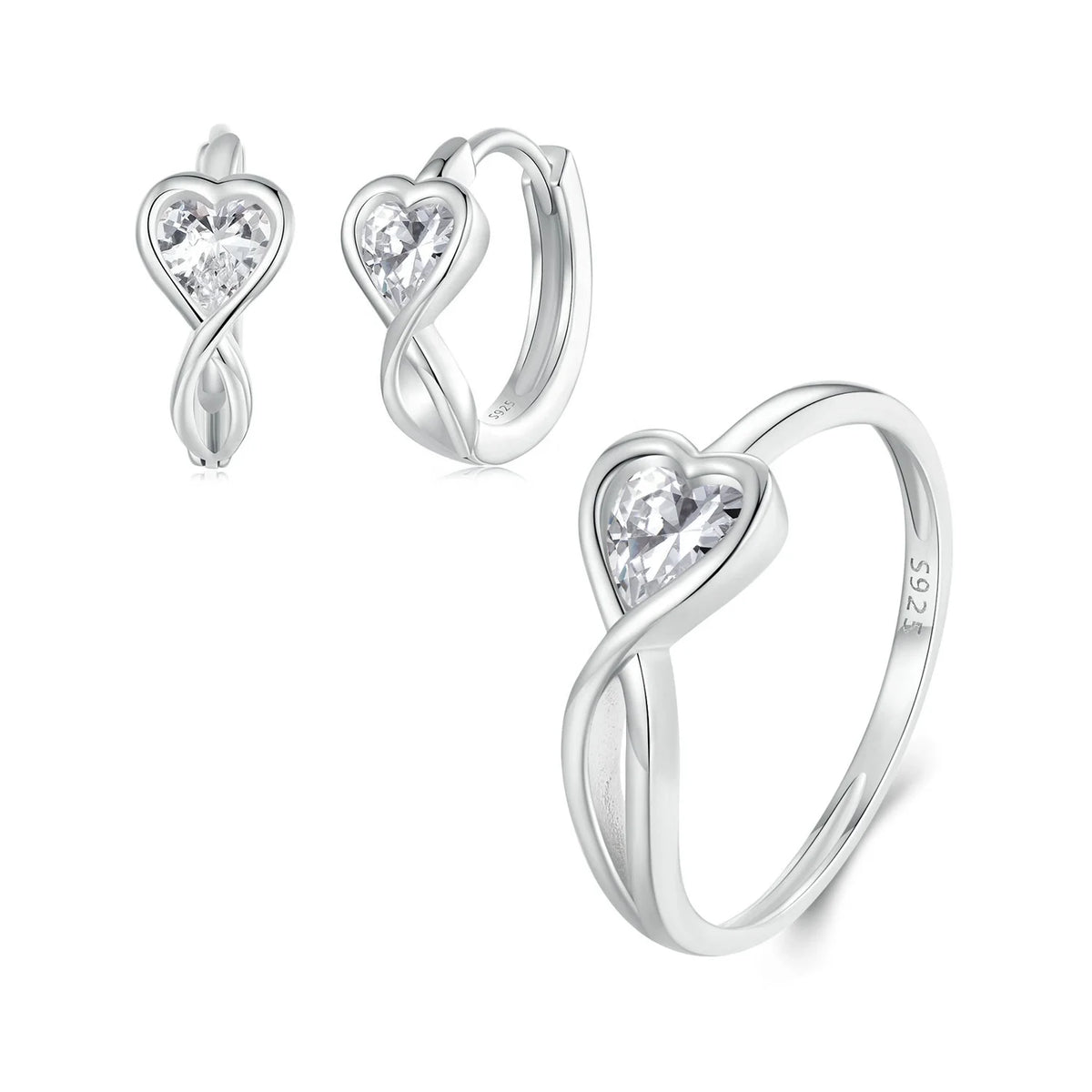 S&S Infinite Love Heart Zirconia Ring & Stud Earrings Set | 925 Silver Platinum Plated | Romantic | S&S Collection