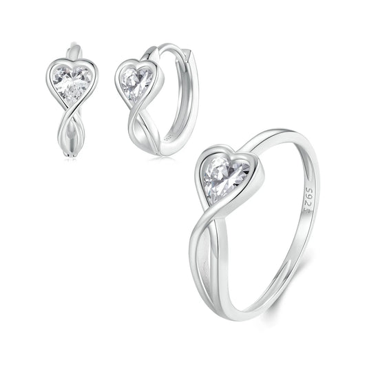 S&S Infinite Love Heart Zirconia Ring & Stud Earrings Set | 925 Silver Platinum Plated | Romantic | S&S Collection