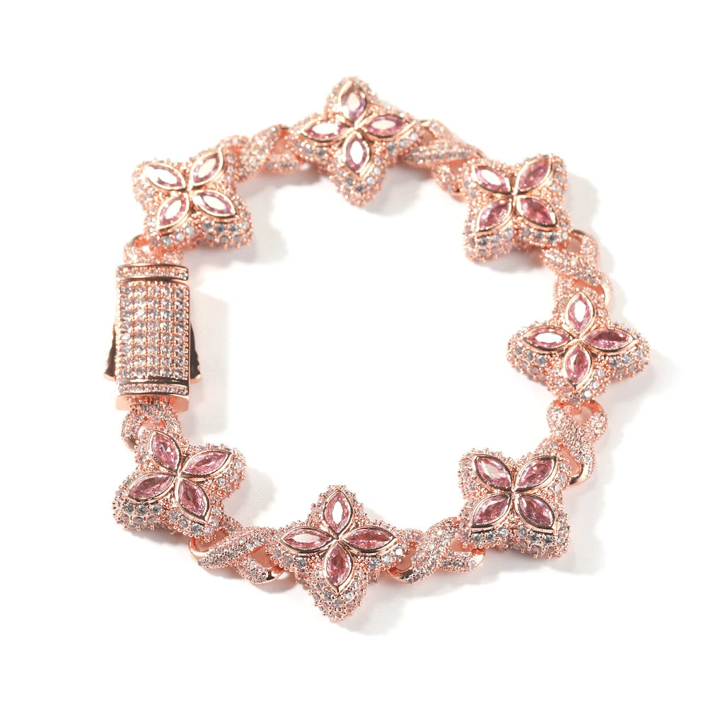 Fashion Hip Hop Jewelry 20mm Rose Gold Brass AAAAA CZ Colored Diamond Four Leaf Clover Infinity Link Bracelet
