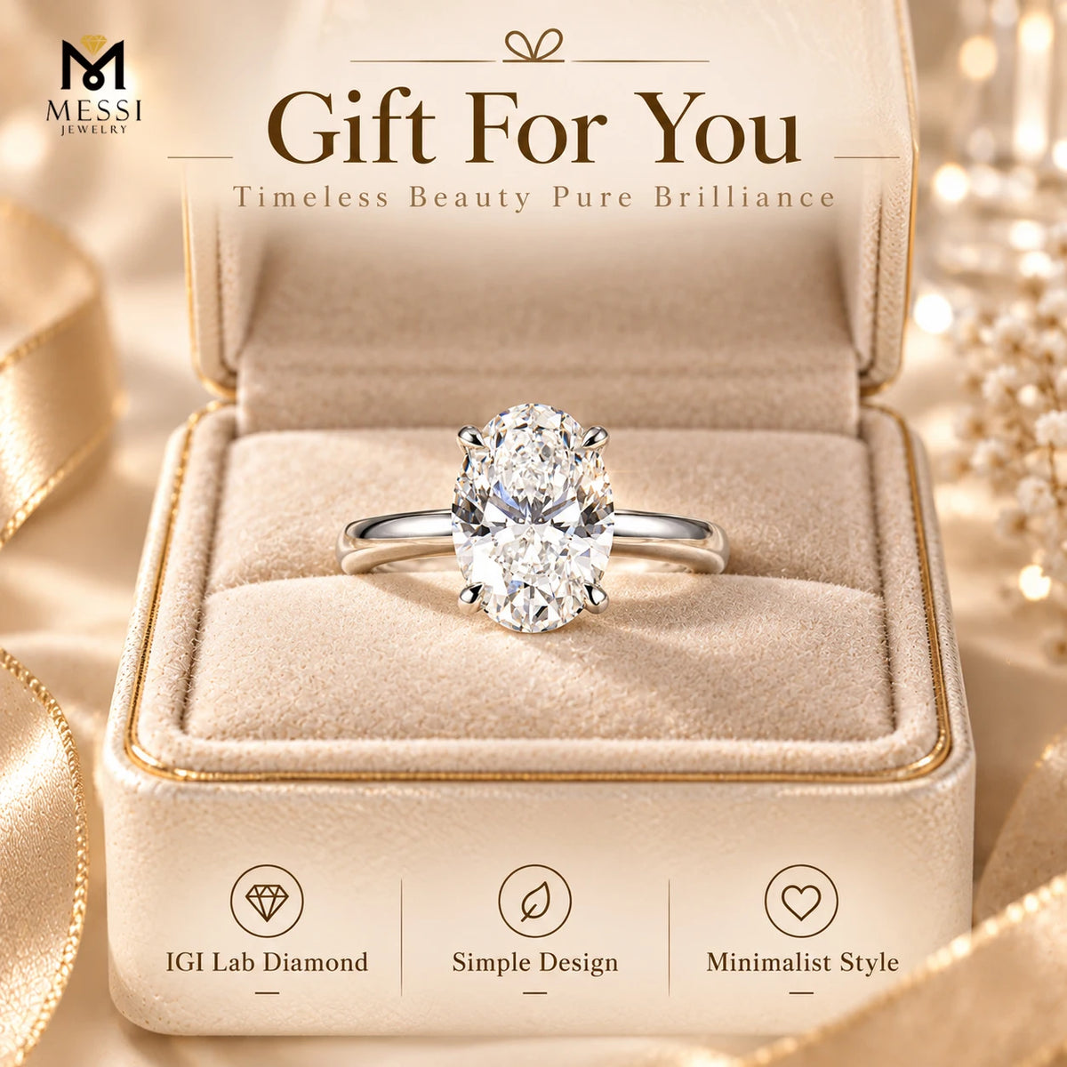 Gemfiori Messi Jewelry 10k 14k 18K White Gold Classic Designs Claw Setting Women 1CT 2CT 3CT Round Oval Pear IGI Lab Grown Diamond Ring