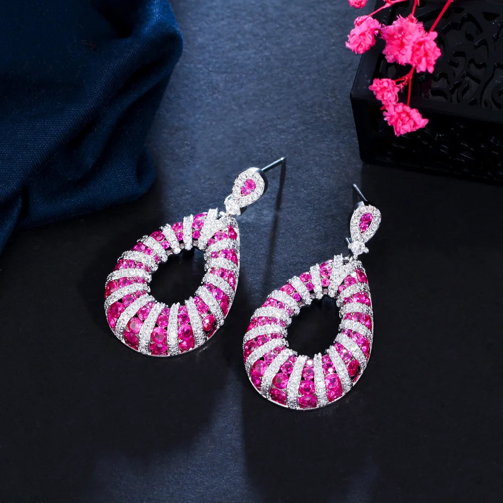 S&S Fuchsia Red Micro Pavé CZ Dangle Drop Earrings | Wedding Party | NewLife