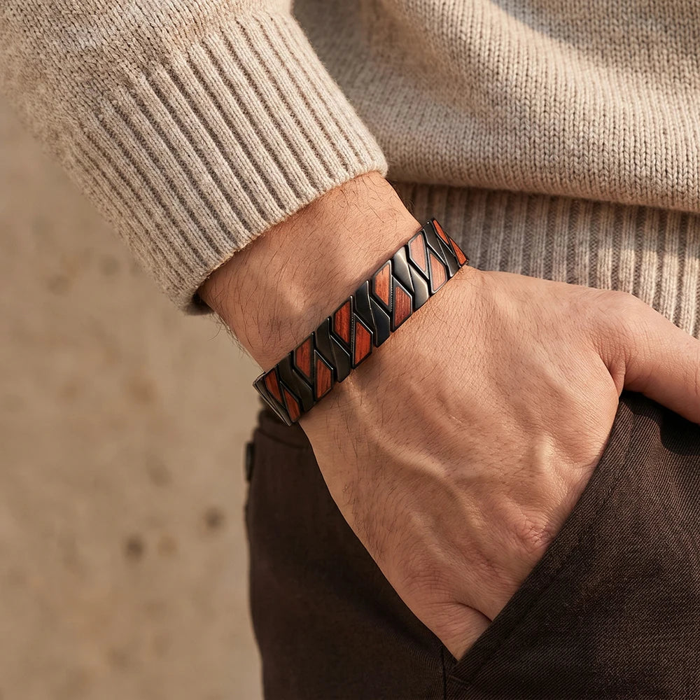 REBEL China Factory Custom Logo Engraving Black Stainless Steel and Red Wood Bracelet for Men