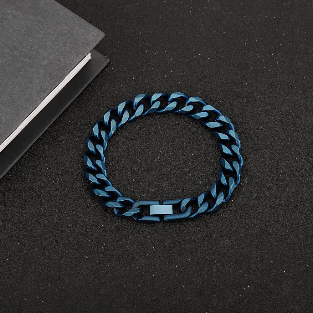 REBEL Duyizhao Vintage Stainless Steel Men's Charm Bracelet New European American Hip Hop Royal Blue Cowboy Cuban Rhodium Plated