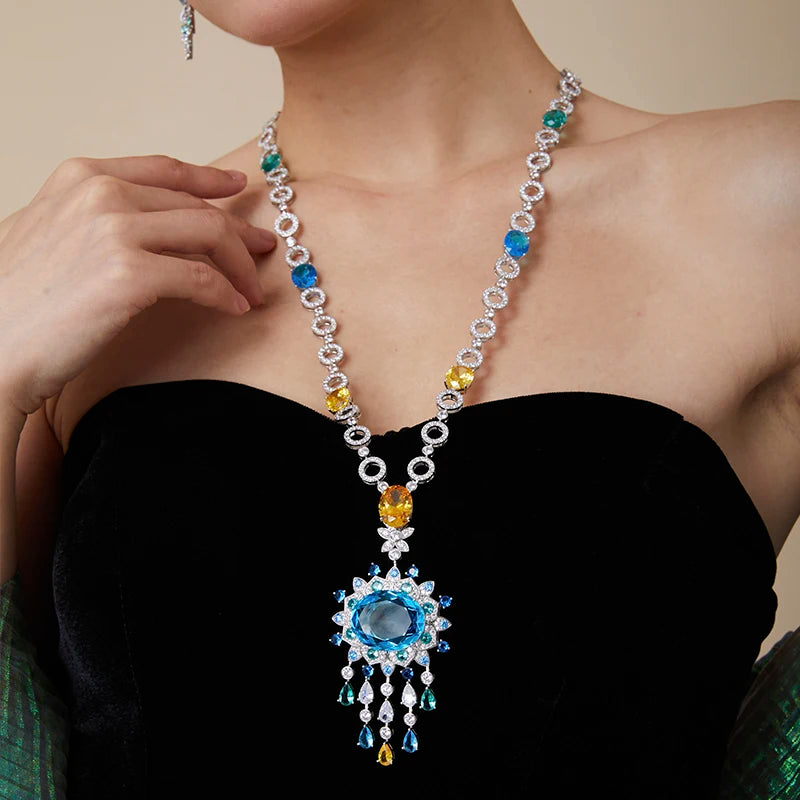 Women's Blue Waterproof Long Necklace Earring Set with Big Zircon Stone Exaggerated Blue Stone Temperament Accessories Weddings
