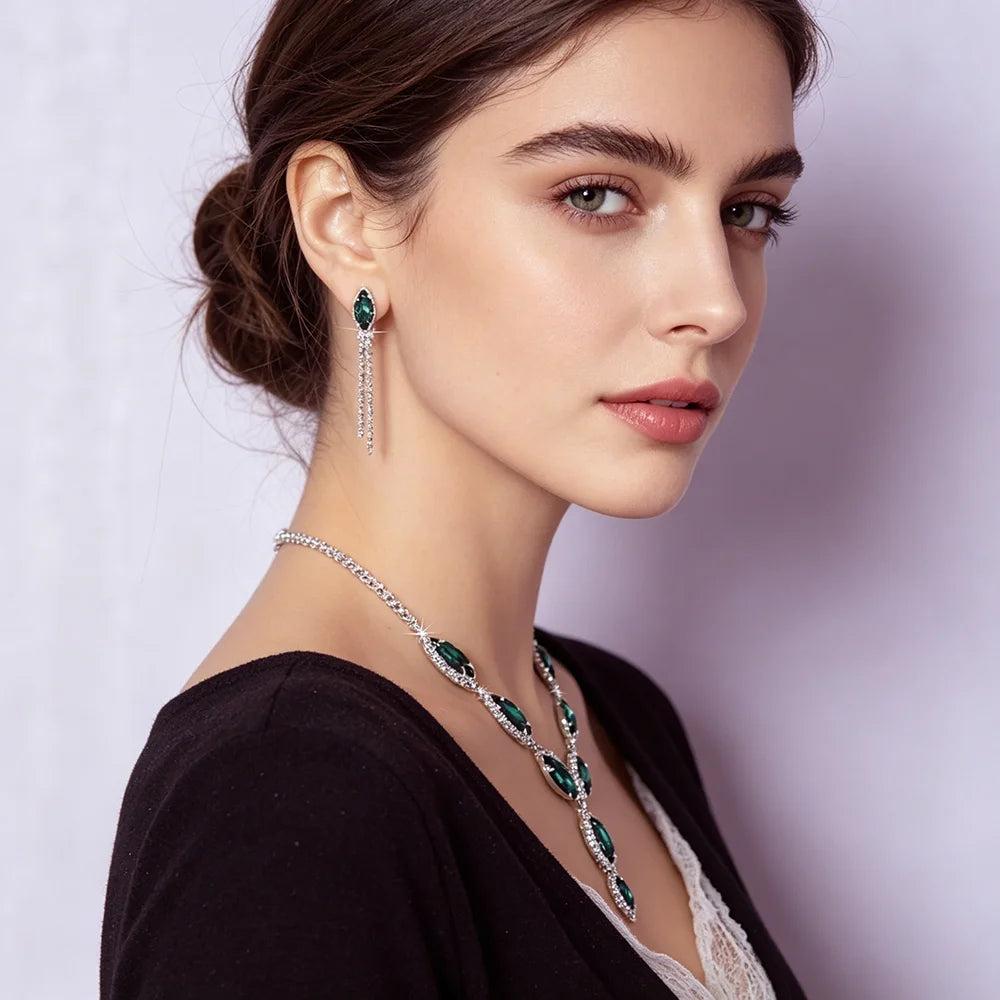 XM S375 Silver Plated Marquise Cut Zircon Floral Statement Necklace & Tassel Drop Earrings Set