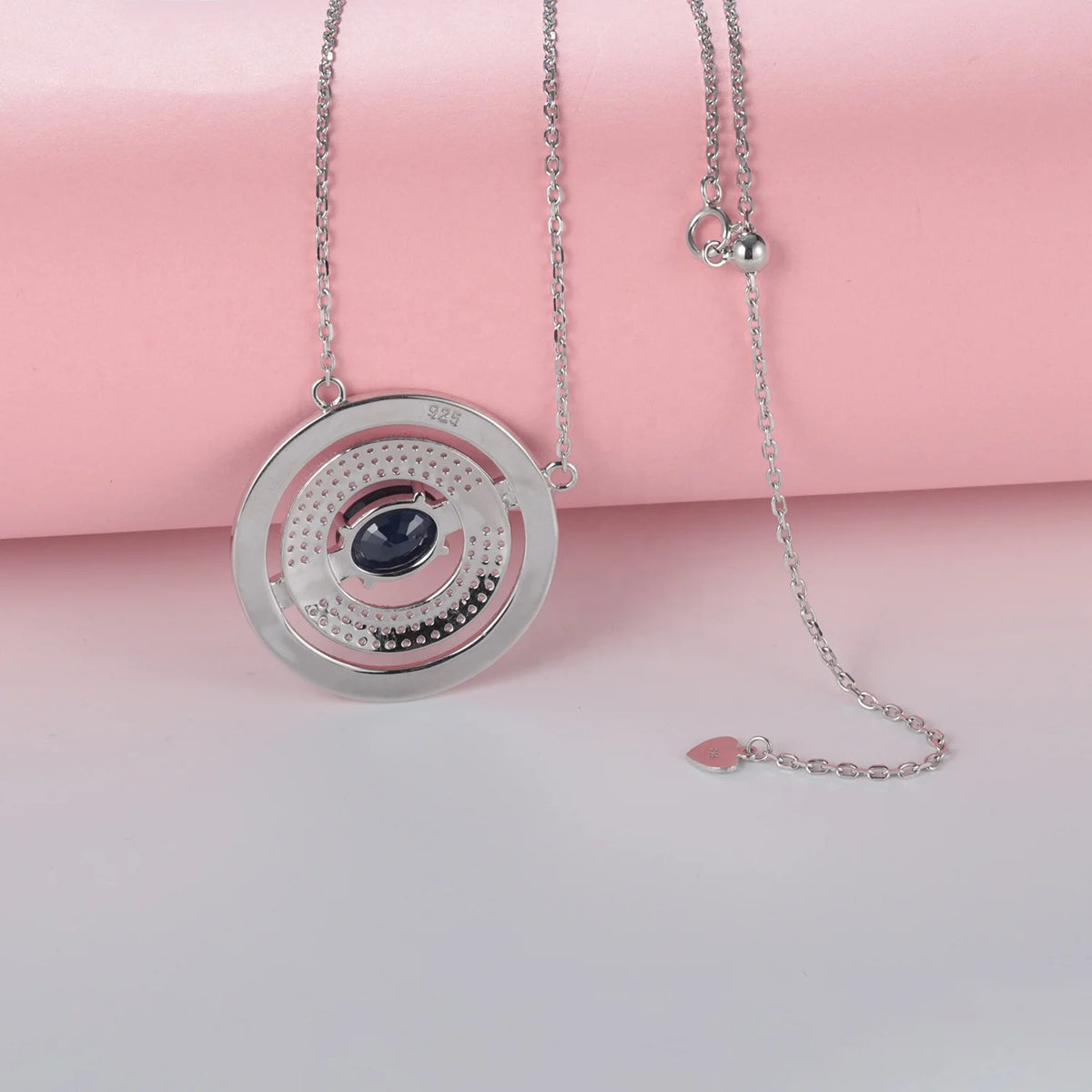 ArtistA Abiding Special Design Geometric Circle Round Disc Blue Diffusion Sapphire Topaz Red Agate Gems Forbidden Sign Charm Necklace