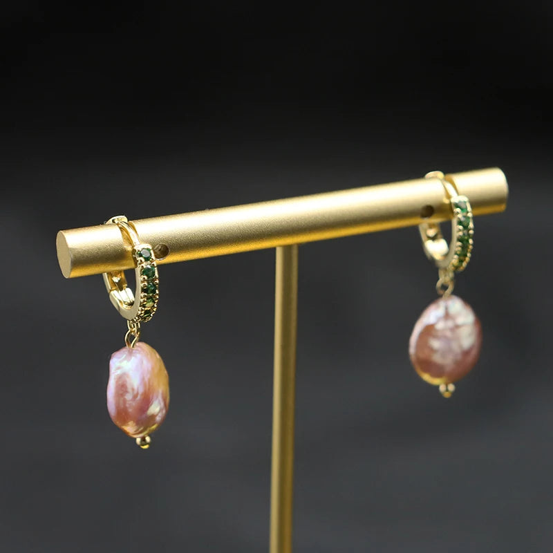 925 Silver High Sense Simple Pink Baroque Pearl Elegance Drop Earrings White Zircon for Women Fashion Wedding Jewelry