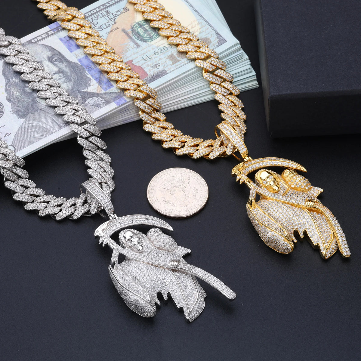 Punk Style Street Jewelry Luxury Gold Plated Brass AAAAA CZ Diamond Iced Out Grim Reaper Pendant for Hip Hop Men Women