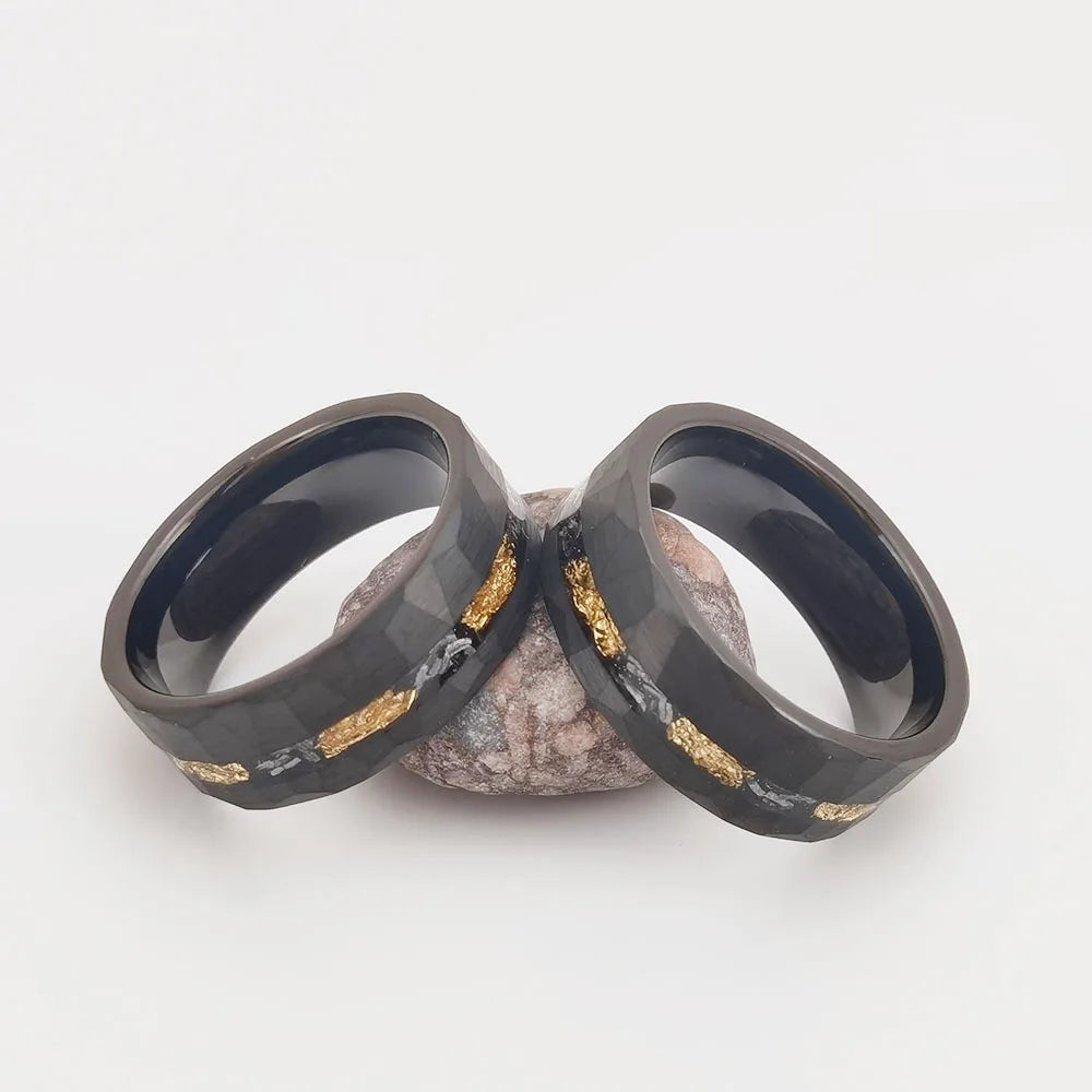 New Fashionable Tungsten Carbide ring with gold foil debris Wedding Engagement  8mm Black Hammered Finish Couples Ring