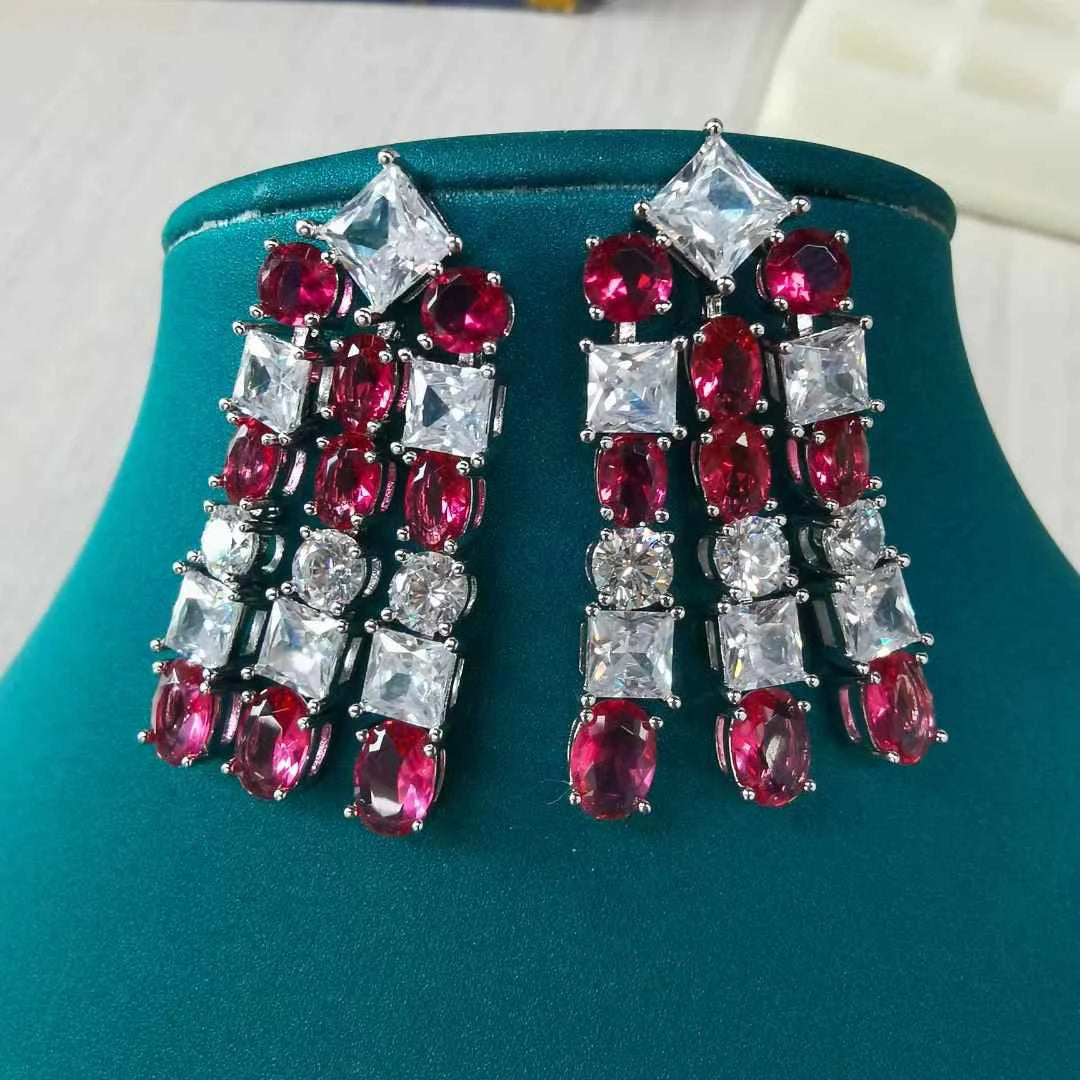 Luxury Red Ruby Zirconia Tennis Choker Necklace & Earrings Set — Rhodium Plated